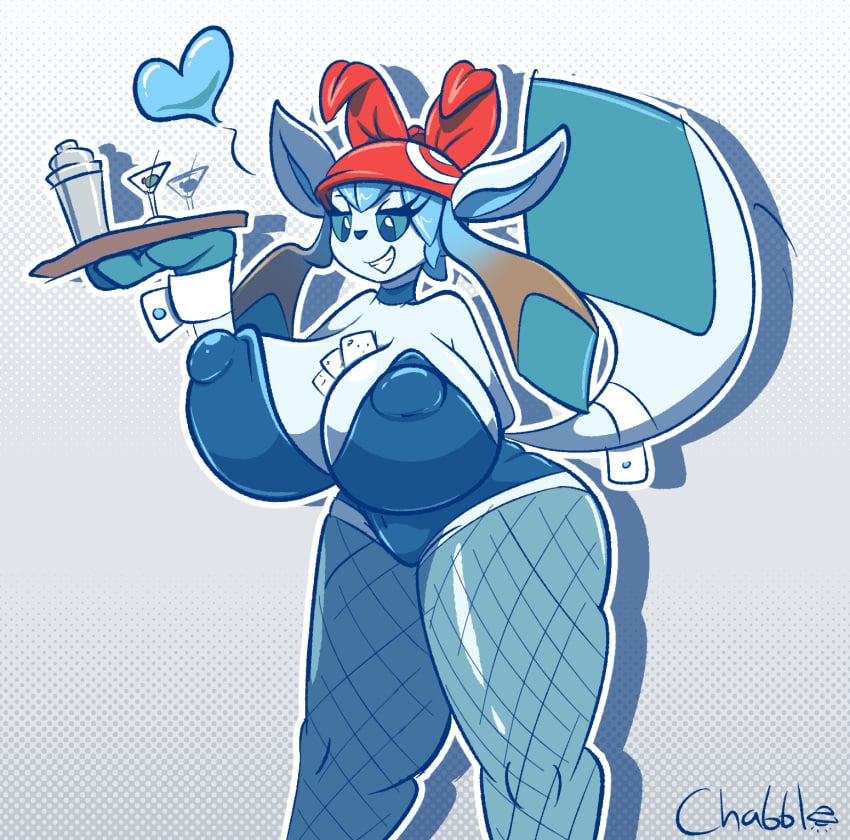 1girls after_transformation alternate_species bandana blue_eyes blue_hair bunnysuit chabble different_species giant_breasts glaceon holding_tray item_in_cleavage massive_breasts may_(pokemon) pokemon post_transformation sketch smile tail waitress