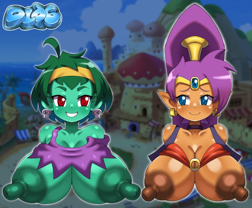 2girls dieliusdl06 dl06 earrings female female_only green_hair green_skin grin large_breasts long_hair pointy_ears ponytail purple_hair red_eyes rottytops shantae shantae_(character) short_hair svdielius wayforward
