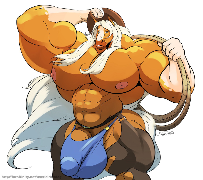 anthro big_bulge big_pecs bulge clothed clothing equine girly hat horse huge_muscles huge_pecs humanoid_penis hyper hyper_pecs looking_at_viewer male mammal muscular muscular_male pecs penis rope siriusdog solo standing topless underwear vein