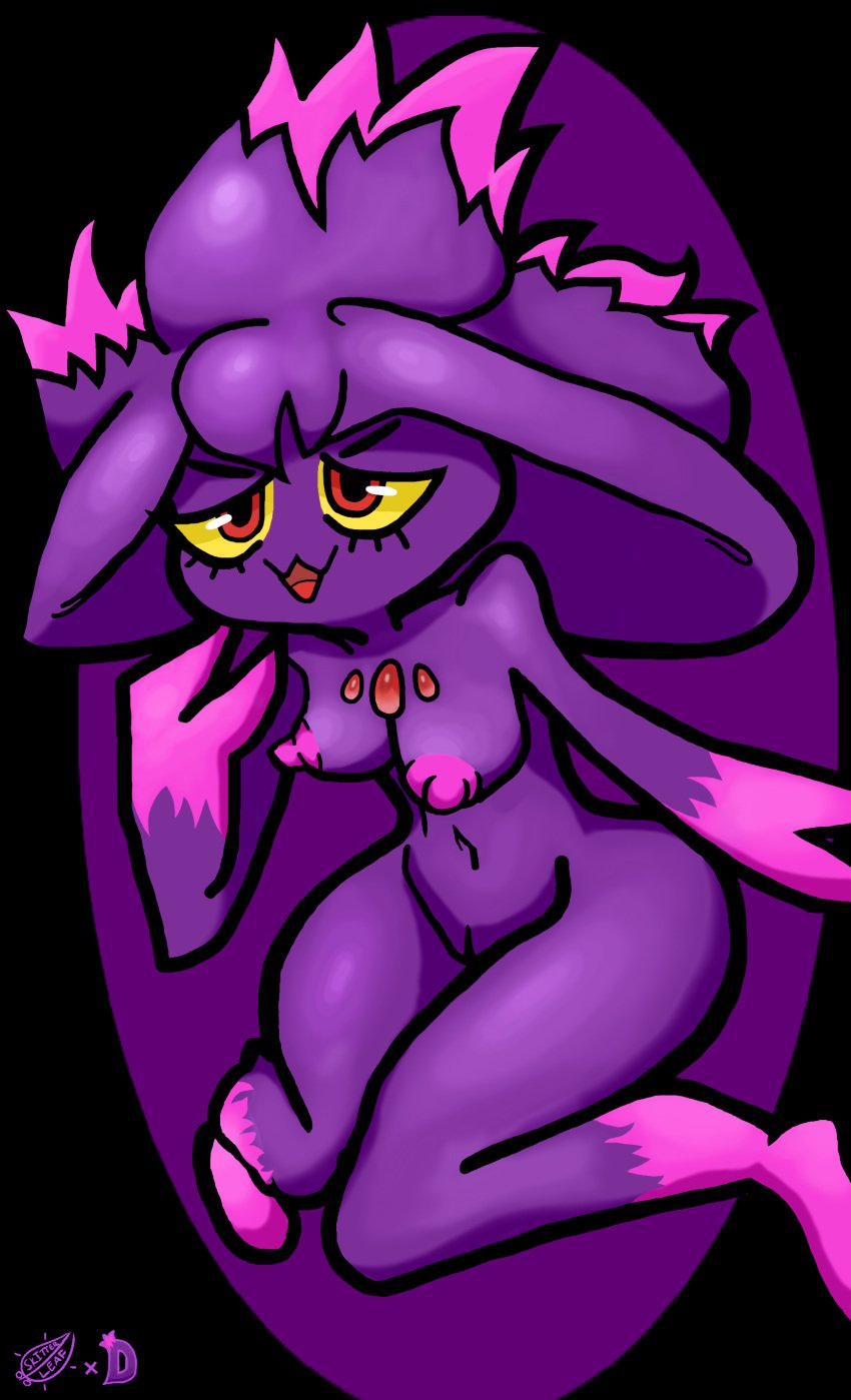 2018 absurd_res anthro breasts derfiulcolorsstuff female ghost hat hi_res humanoid mismagius navel nintendo nipples nude open_mouth pokémon_(species) pokemon pokemon_(species) pokemorph purple_body pussy red_eyes simple_background skitterleaf solo spirit thick_thighs video_games voluptuous wide_hips witch_hat yellow_sclera