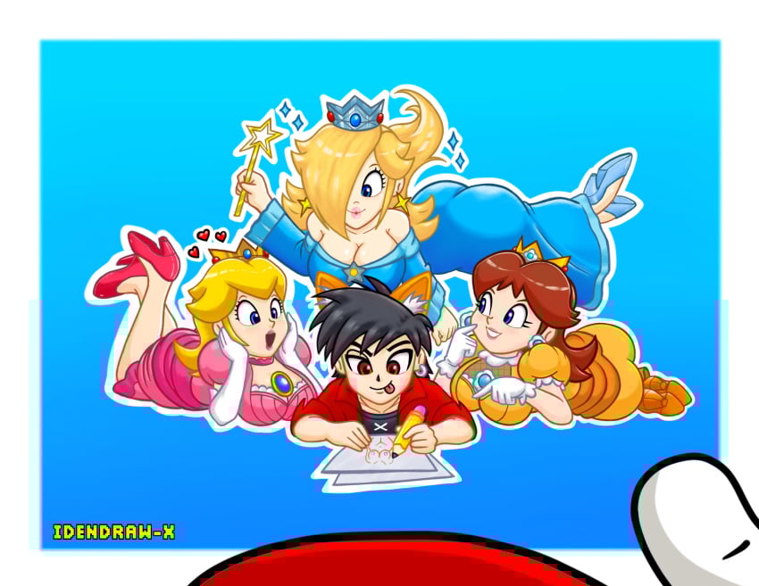 1boy 2boys 3girls :p :q animal_ears ass bare_shoulders black_hair blonde_hair blue_dress blue_eyes blue_footwear blush breasts brown_hair cat_ears cleavage clothing crown drawing dress earrings elbow_gloves female footwear fox_ears gloves hair_over_one_eye head_rest headwear heart heels high_heels high_resolution holding holding_wand huge_ass idendrawx jewelry large_breasts large_filesize long_hair looking_at_another lying male mario mario_(series) medium_breasts mini_crown multiple_boys multiple_girls off-shoulder_dress off_shoulder on_stomach pink_dress pink_footwear plump_ass princess_daisy princess_peach puffy_short_sleeves puffy_sleeves red_eyes red_footwear rosalina sassy shirt shoes short_sleeves smile sparkle star star_(symbol) star_earrings star_wand super_mario_bros. super_mario_galaxy tagme tomboy tongue tongue_out very_high_resolution wand white_gloves
