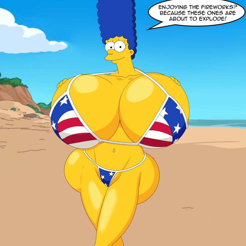 1girls 20th_century_fox 20th_century_studios 4th_of_july american_flag_bikini big_breasts bikini blue_hair breasts_bigger_than_head female huge_breasts long_hair looking_at_viewer marge_simpson micro_bikini speech_bubble text the_simpsons turboranger voluptuous voluptuous_female