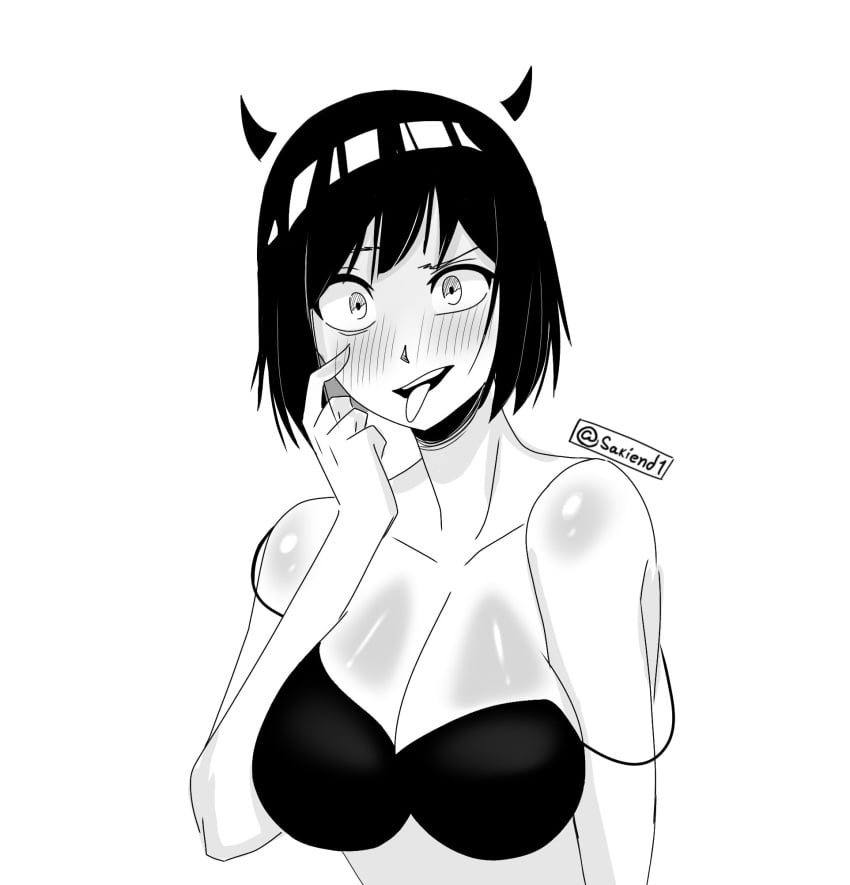big_breasts big_titties black_and_white black_hair blush curvaceous curvaceous_female curvaceous_figure curvy curvy_figure curvy_hips female female_focus female_only monochrome original original_character sakiend1 short_hair