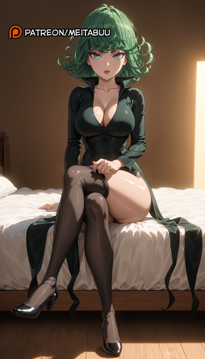 adjusting_clothes ai_generated alternate_breast_size bed bedroom black_dress black_footwear black_panties black_thighhighs breasts cleavage collarbone collared_dress crossed_legs curly_hair dress female flipped_hair full_body green_eyes green_hair high_heels indoors large_breasts legs light_particles lipstick long_sleeves looking_at_viewer makeup meitabuu on_bed one-punch_man panties panty_peek parted_lips pillow shoes short_hair side_slit sitting solo tatsumaki taut_dress thighhighs thighhighs_pull thighs underwear wooden_floor