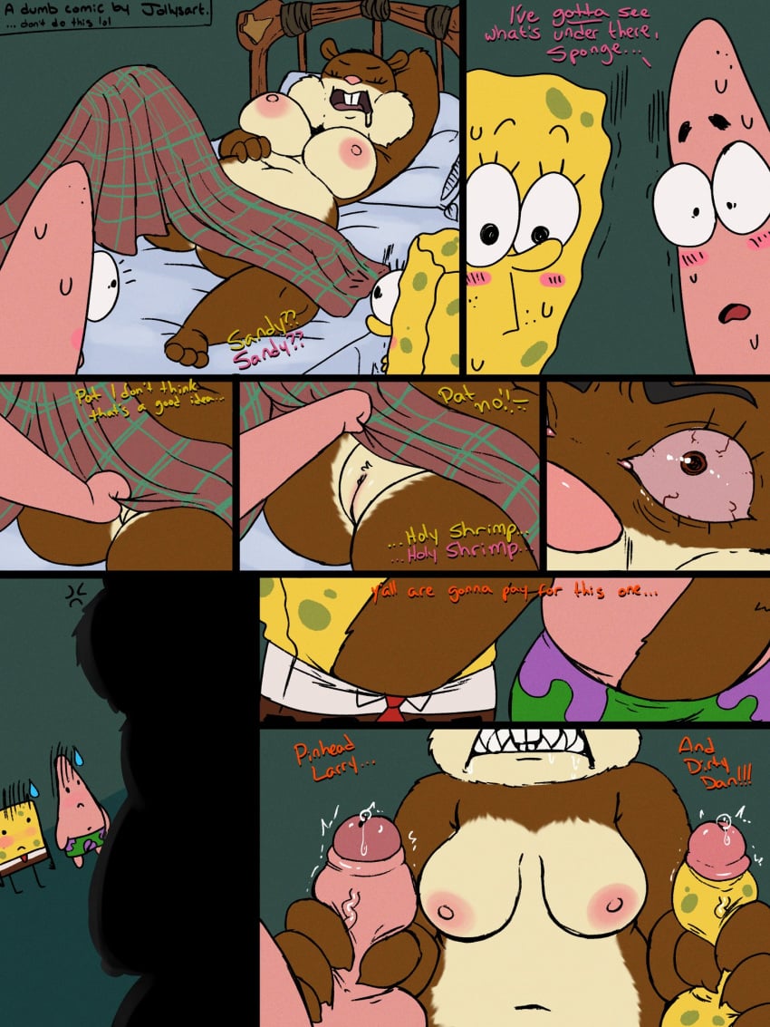 1girls 2boys angry anthro bed bedroom bloodshot_eyes blush breasts brown_fur closed_eyes clothed clothed_male_nude_female clothing dialogue drool drooling echinoderm erection eyes_open female fur furry furry_female furry_male furry_only genitals grabbing_penis green_shorts hands_in_pants hibernation_sandy indoors jollysart lifting_covers lying_on_back male male/female mammal marine mature mature_anthro mature_female mature_male nickelodeon nickelodeon_animation_studio nipples open_mouth paramount_pictures patrick_star penis penis_out pink_body pussy rodent saliva sandy_cheeks sciurid sea_sponge sharp_teeth spongebob_squarepants spongebob_squarepants_(character) squirrel starfish text united_plankton_pictures