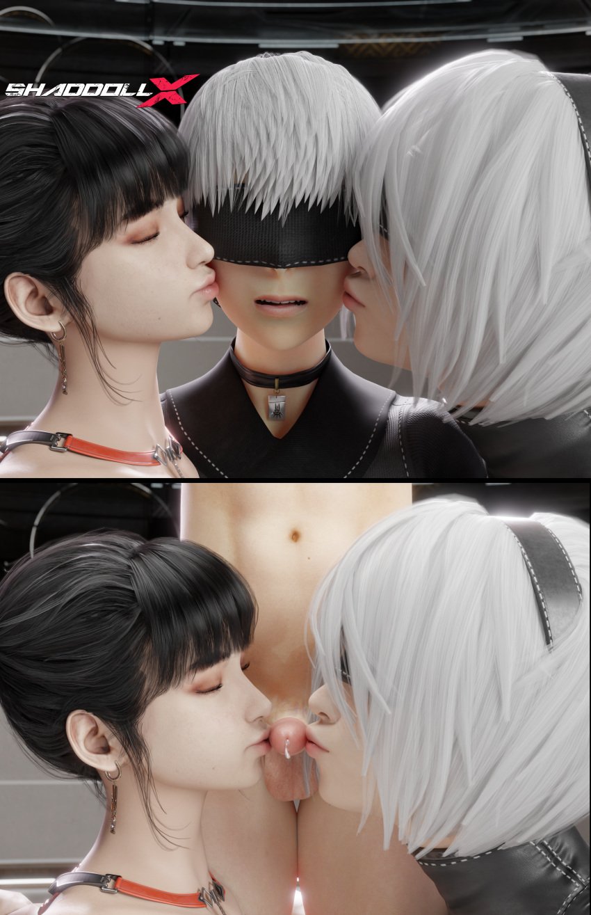 1boy 2girls 2koma 3d before_and_after cum cumming ejaculation eve_(stellar_blade) female femdom kissing kissing_penis lips lipstick_on_penis male nier:_automata ponytail shaddoll_x small_penis small_penis_adoration stellar_blade white_hair yorha_2b yorha_9s