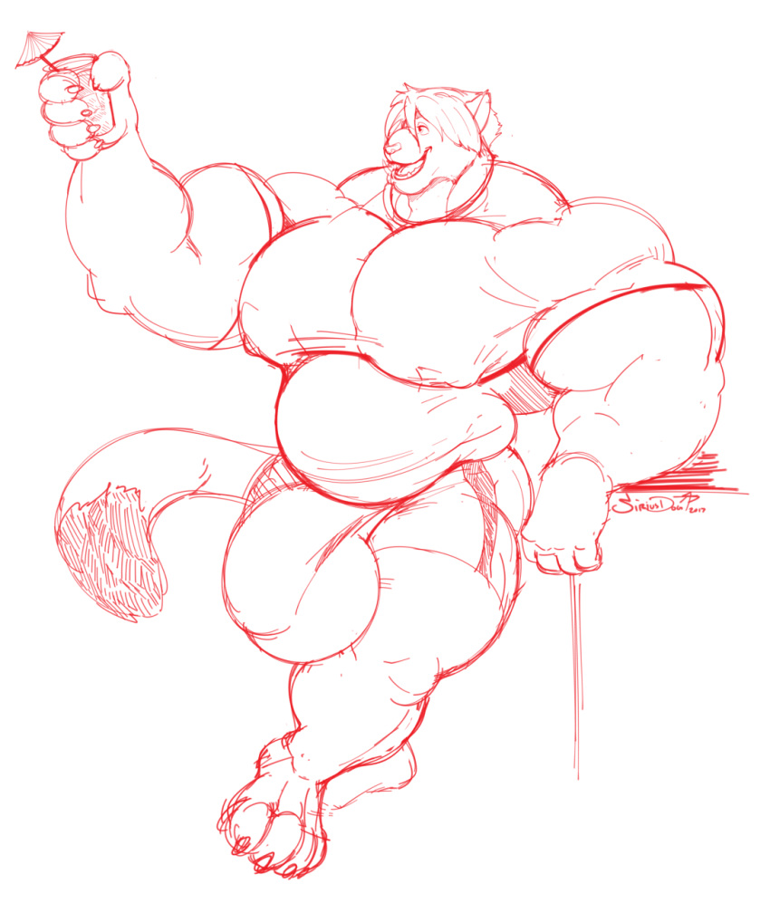 anthro beverage big_bulge bulge clothed clothing feline male male_only mammal monochrome musclegut muscular muscular_male nipple_bulge open_mouth siriusdog sketch smile solo tight_clothing