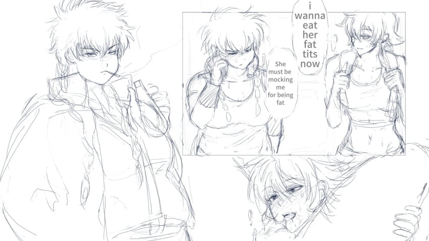 2girls arcywillea40238 bbw blush braided_hair canon_genderswap cigarette cunnilingus english_text fat female genderswap_(mtf) ginko_sakata gintama gintoki_sakata hijikata_tenko hijikata_toshiro i_wanna_suck_her_fat_titties_(meme) looking_at_viewer meme monochrome oral overweight overweight_female pussy_juice rough_sketch rule_63 sketch sketch_page smoking sports_bra towel_around_neck twin_braids yuri