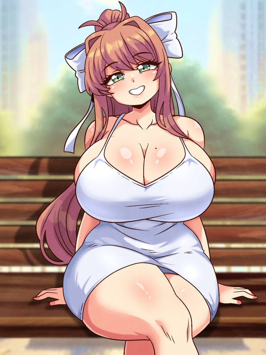 cleavage doki_doki_literature_club green_eyes hourglass_figure huge_breasts legs_crossed mole_on_breast monika_(doki_doki_literature_club) seireiart smiling_at_viewer thick_thighs