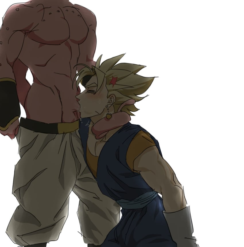 2boys blonde_hair dragon_ball dragon_ball_z fellatio gay linisthename majin_buu male male/male muscular_male oral penis pink_body pink_skin potara_earrings super_buu super_saiyan vegito yaoi