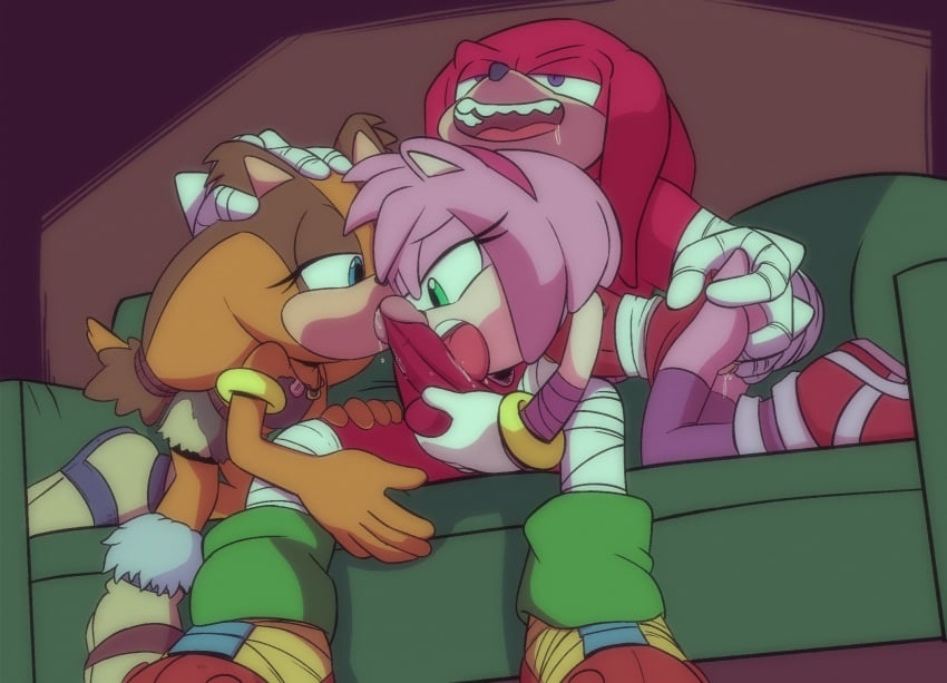 1boy 2girls alternate_version_available amy_rose amy_rose_(boom) anthro anthro_on_anthro balls blowjob blue_eyes censored censored_penis clothed clothing couch drooling female female_focus fingering furniture green_eyes hand_on_ass hand_on_balls hand_on_butt hand_on_head indoors knuckles_(boom) knuckles_the_echidna male mobian_(species) ninoeros no_humans oral penis saliva sonic_(series) sonic_boom sonic_the_hedgehog_(series) sticks_the_badger sticks_the_jungle_badger stockings straight threesome tongue tongue_out