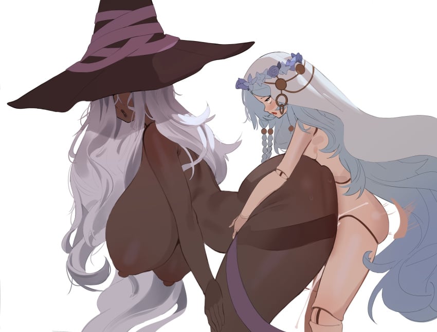 dark_skin dark_skinned_female doll doll_joints elden_ring elden_ring_nightreign fat_ass female futa_on_female futanari huge_ass huge_breasts intersex light_skin light_skinned_futa pixxel recluse_(nightreign) revenant_(nightreign) size_difference smaller smaller_penetrating white_hair