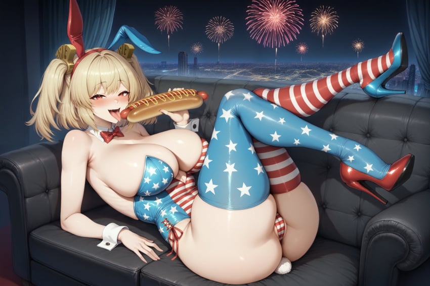 1girls 4th_of_july aerial_fireworks ai_generated aimoonshine american_flag american_flag_legwear american_flag_print animal_ears ass asymmetrical_legwear bare_shoulders blonde_hair blue_footwear blush bow bowtie breasts burnice_white cameltoe cityscape cleavage couch curtains detached_collar fake_animal_ears fake_tail female female female_only fireworks flag_print food fourth_of_july full_body hair_ornament heart heart-shaped_pupils high_heels highleg highleg_leotard holding holding_food hot_dog huge_breasts indoors large_breasts legs legs_up leotard looking_at_viewer lying medium_hair mihoyo mismatched_legwear night night_sky on_back on_couch open_mouth playboy_bunny rabbit_ears rabbit_tail red_bow red_bowtie red_eyes red_footwear saliva sex_toy sexually_suggestive shoes short_hair skindentation sky skyline smile solo solo_female star_(symbol) strapless strapless_leotard striped_clothes striped_thighhighs symbol-shaped_pupils tail thick_thighs thighhighs thighs tongue tongue_out twintails two_side_up window wrist_cuffs zenless_zone_zero
