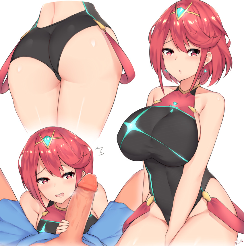 1boy 1girls ass bangs bare_arms big_penis blush boxers breasts curvy duo earrings eyebrows_visible_through_hair faceless_male female gem hair_ornament heart heart-shaped_pupils highres huge_ass human imminent_fellatio jewelry kuavera large_breasts legs_together leotard looking_at_viewer male male_pov multiple_views nintendo one-piece_swimsuit open_mouth pants_pull penis penis_awe penis_out pov pyra red_eyes red_hair shiny_skin short_hair simple_background sitting solo_focus standing straight suspenders swept_bangs swimsuit symbol-shaped_pupils thick_thighs tiara underwear white_background wide_hips xenoblade_(series) xenoblade_chronicles_2