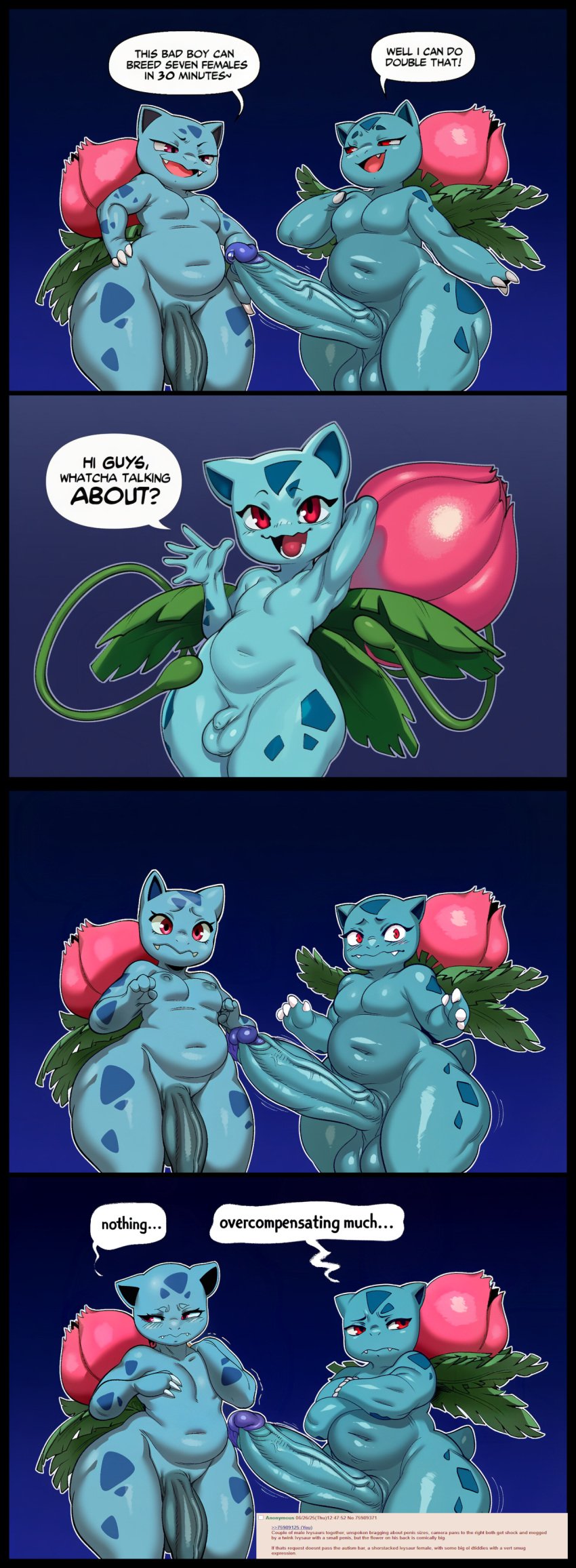 2025 absurd_res age_difference ai_generated anthro balls big_balls big_penis bodily_fluids breasts brothers comic daughter dialogue digital_media_(artwork) duo elemental_creature english_text erection flora_fauna foreskin frottage generation_1_pokemon genital_fluids genitals group gynomorph hellsonger hi_res huge_balls huge_cock humanoid_genitalia humanoid_penis hyper hyper_balls hyper_genitalia hyper_penis ivysaur male male/male mammal nintendo nipples nude open_mouth penis penis_size_difference plant pokemon pokemon_(species) precum red_eyes retracted_foreskin sibling simple_background size_difference smaller_male smile son speech_bubble standing text thick_penis thick_thighs vein veiny_penis vines