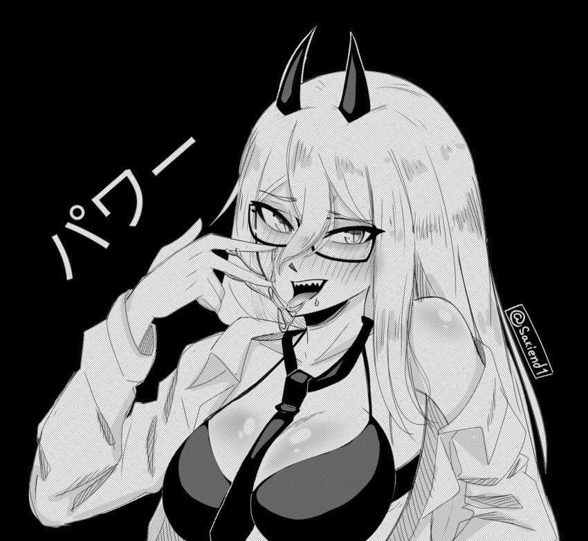 1girls big_titties black_and_white chainsaw_man clothing curvaceous curvaceous_female curvaceous_figure curvy curvy_figure curvy_hips female female_focus female_only long_hair monochrome power_(chainsaw_man) sakiend1