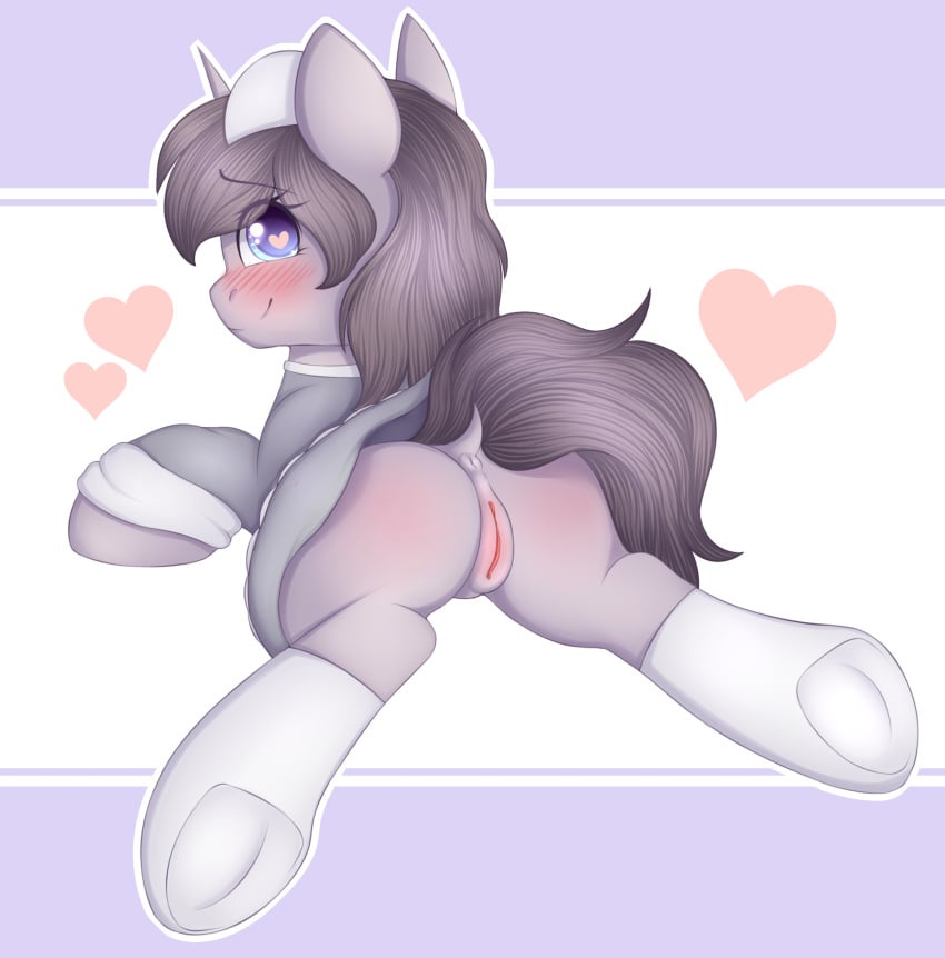 <3_eyes anus blush clothed clothed_feral clothing doc equine fan_character female feral heart heart-shaped_pupils horn horse legwear looking_at_viewer looking_back maid_uniform mammal my_little_pony pony pussy simple_background smile solo spread_legs spreading stockings underhoof unicorn uniform