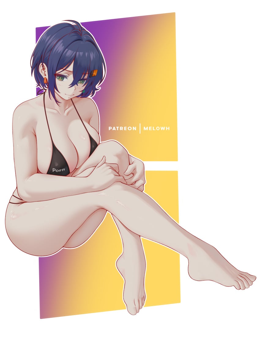 1girls ass belle_(zenless_zone_zero) bikini breasts cleavage female female_focus female_only large_breasts light-skinned_female light_skin looking_at_viewer melowh solo swimsuit thighs white_background wide_hips zenless_zone_zero