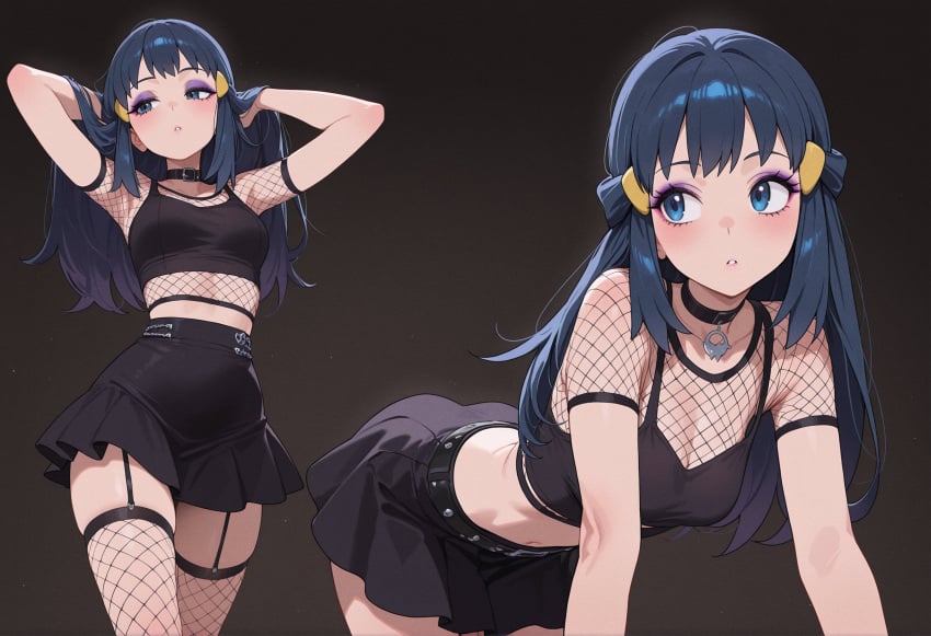 1girls ai_generated ass blue_eyes blue_hair breasts clothing dawn_(pokemon) eyeshadow female fishnets goth goth_girl nintendo owari_wan pokemon pokemon_dppt purple_eyeshadow skirt tagme