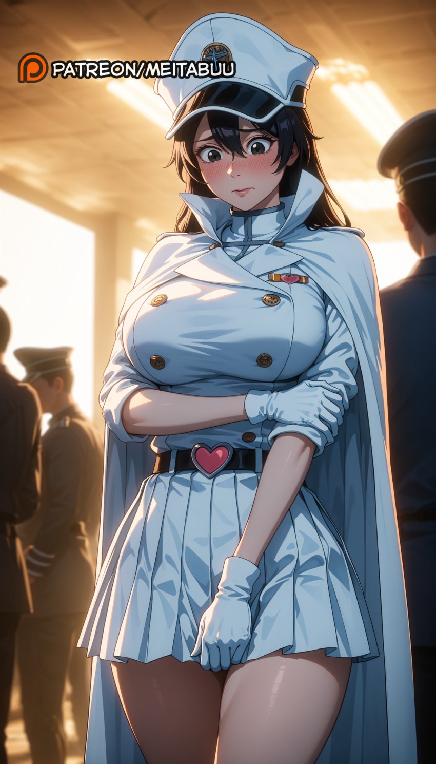 3boys ai_generated arm_under_breasts bambietta_basterbine belt black_belt black_eyes black_hair bleach bleach:_the_thousand-year_blood_war blush breasts brown_eyes cape closed_mouth cowboy_shot embarrassed female gloves hair_between_eyes hat indoors jacket large_breasts lips long_hair long_sleeves looking_down male meitabuu military military_hat military_uniform miniskirt multiple_boys peaked_cap pleated_skirt skirt sleeves_rolled_up solo_focus standing thighs uniform white_cape white_cloak white_gloves white_headwear white_jacket white_skirt