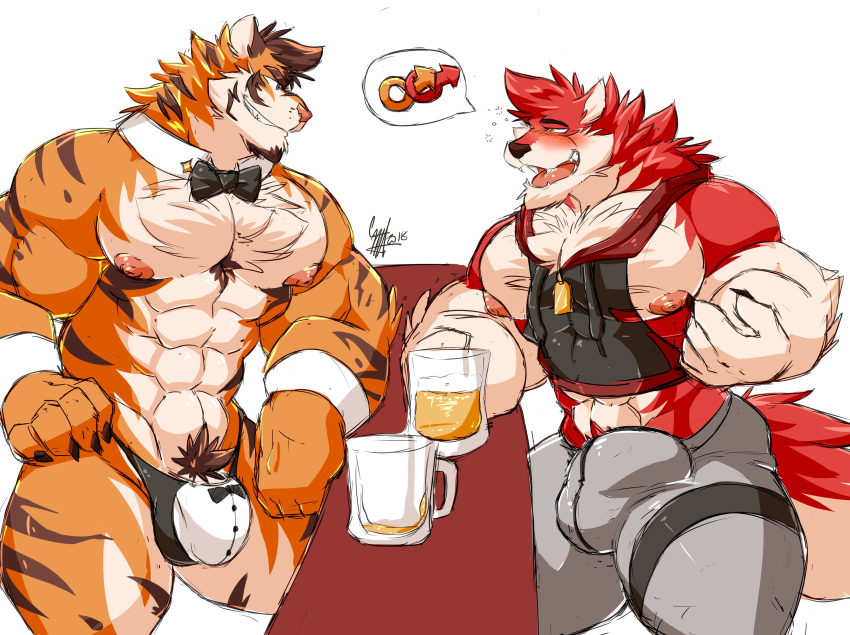 alcohol anthro beverage blush bow_tie bulge canine clothing daikitei duo feline male male_only mammal mostly_nude muscular muscular_male open_mouth pecs pubes smile standing tiger underwear wolf