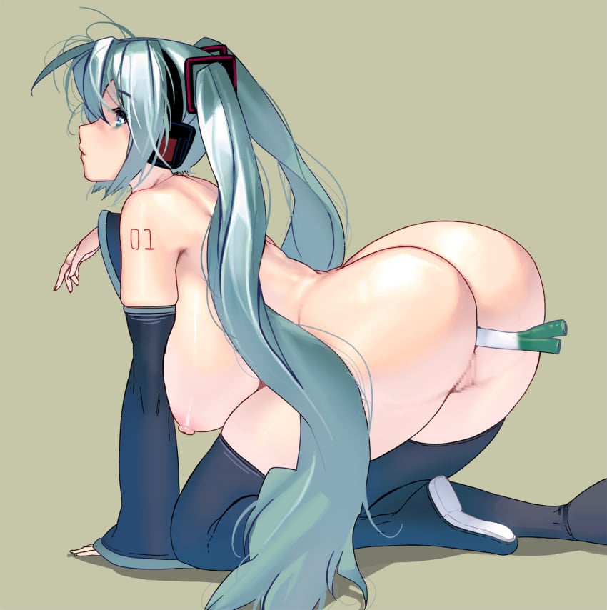 all_fours anal anal_object_insertion aqua_eyes aqua_hair ass bangs boots breasts censored detached_sleeves female from_side hatsune_miku headphones highres huge_breasts long_hair masao mosaic_censoring nipples nude number_tattoo numbered object_insertion pussy sidelocks solo spring_onion tattoo thigh_boots thighhighs twintails very_long_hair vocaloid