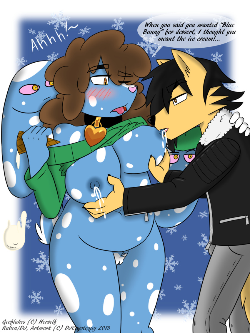 anthro areola ass big_breasts bite blue_fur breasts brown_hair bulge canine clothed clothing collar coyote dessert djcoyoteguy female food fur geeflakes_(character) hair ice_cream jewelry lactating lagomorph licking male mammal milk monster navel nipples nude pussy rabbit ruben_(djcoyoteguy) slightly_chubby snow snowflake straight suckling tongue tongue_out yellow_fur