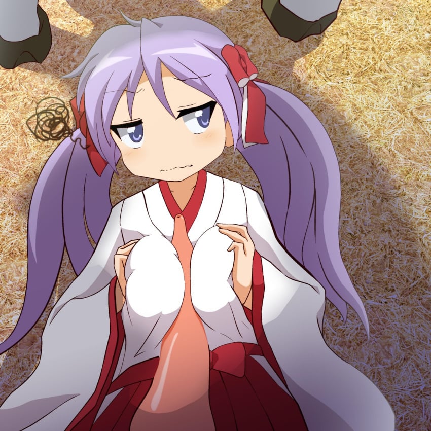 blue_eyes blush bow breasts clothing female hakama japanese_clothes kagami_hiiragi large_breasts lucky_star miko paizuri purple_hair twintails uwa~a zoophilia