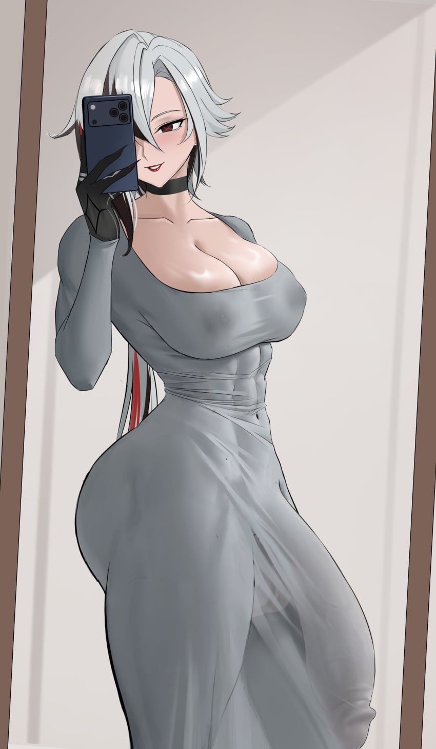 1futa abs arlecchino_(genshin_impact) breasts dress futa_only futanari genshin_impact imminent_fellatio imminent_oral light-skinned_futa looking_at_viewer muscular no_bra penis penis_under_clothes pent_up red_eyes see-through_clothing selfie solo soyamilk throbbing_penis