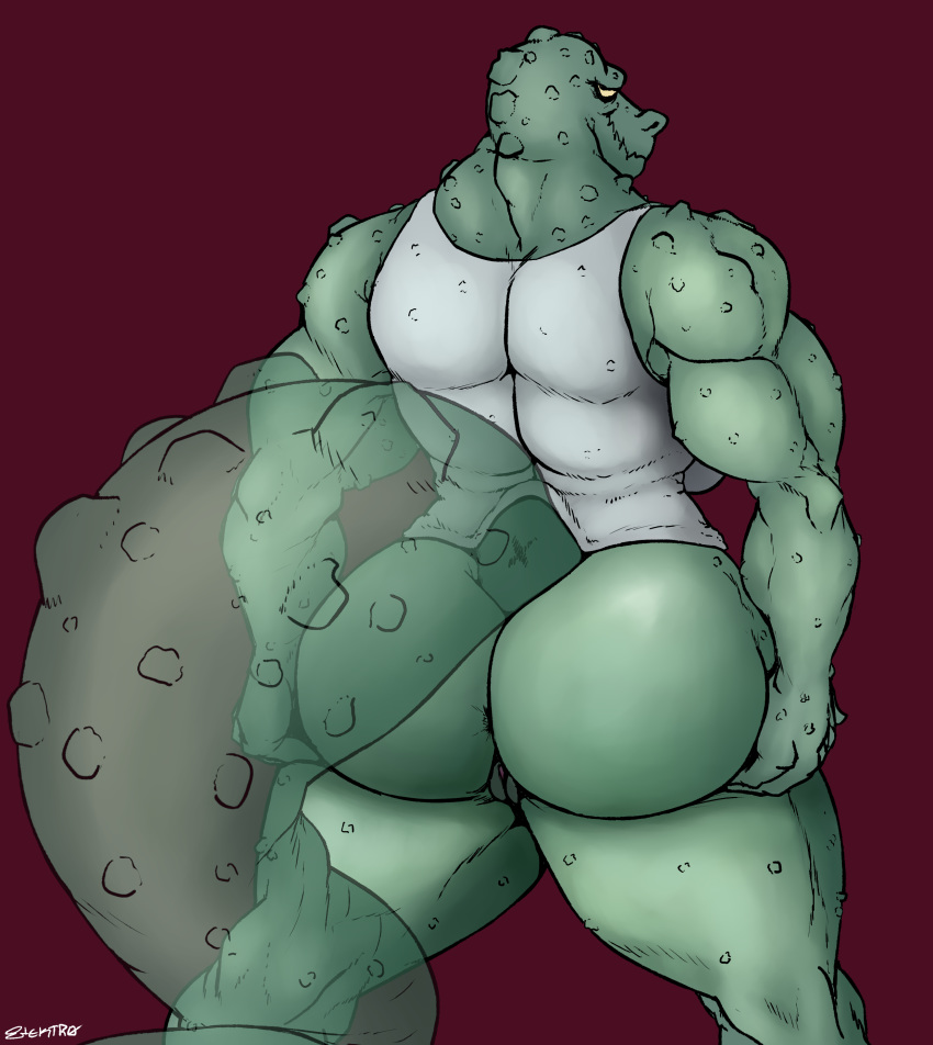 anus ass big_butt big_tail clothed clothing crocodile crocodilian elektr0 female hi_res invalid_tag looking_at_viewer muscular muscular_female partially_clothed pussy rear_view reptile scalie solo spreading wide_hips