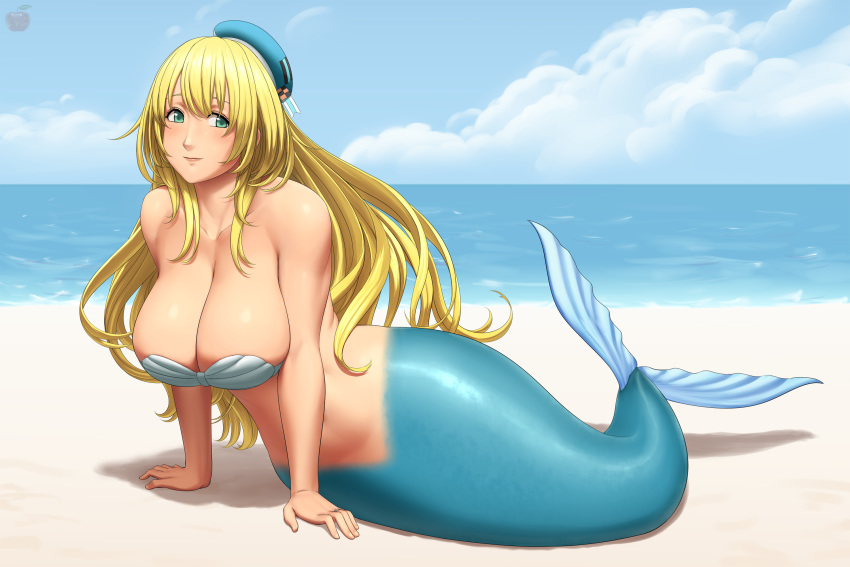 atago_(kantai_collection) beach beret blonde_hair blue_eyes blue_tail cleavage female highres kantai_collection large_breasts long_hair lvl mermaid mermaid_tail outdoors