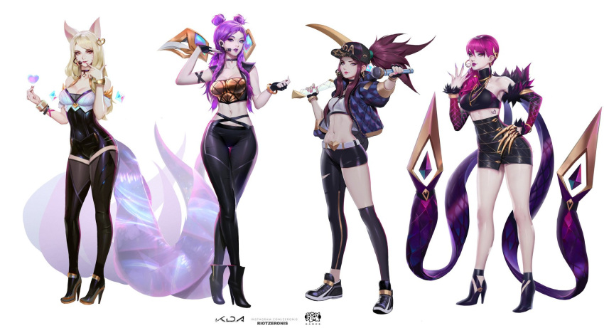 4girls ahri akali alternate_costume blonde_hair brown_hair cap cleavage evelynn female fox_ears k/da_ahri k/da_akali k/da_evelynn k/da_kai'sa k/da_series kai'sa league_of_legends lipstick long_hair multiple_girls official_art pink_hair ponytail purple_hair standing tail zeronis