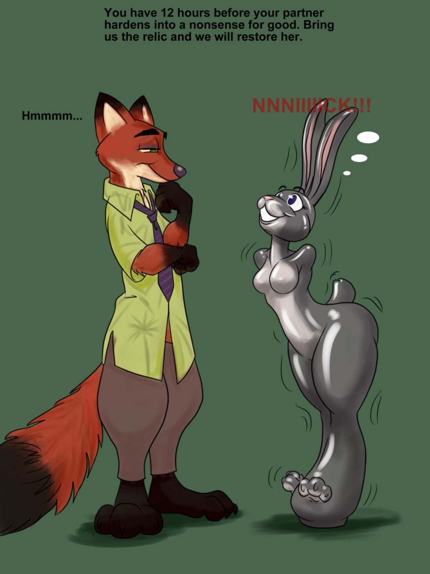 bastianmage bondage bound canine clothing disney duo encasement female fox gag gagged green_background hi_res judy_hopps lagomorph male mammal nick_wilde rabbit rubber simple_background small_breasts zootopia