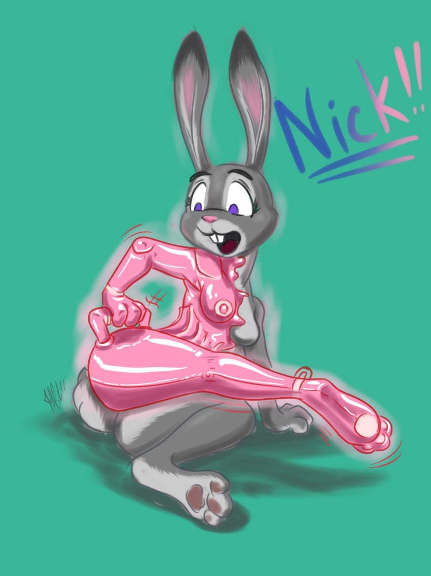 1girls bastianmage bondage bound disney encasement female female_only goo_transformation green_background handles hi_res judy_hopps lagomorph liquid_latex mammal nipples rabbit rubber simple_background small_breasts solo text transformation zootopia