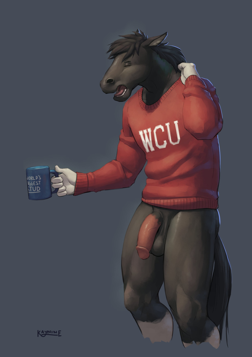 1boy anthro balls big_penis black_balls bottomless clothing cup equine flaccid fur hi_res holding_cup horse humanoid_penis kaynine male male_only mammal muscular muscular_male open_mouth partially_clothed penis solo steve_lipton sweater yawn