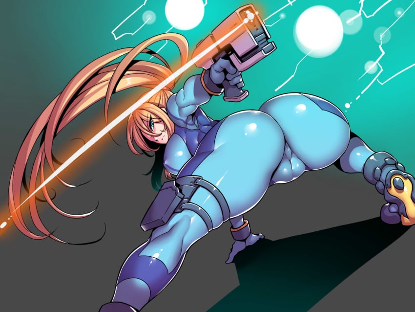 1girls action_pose alternate_breast_size alternate_costume attacking_viewer big_breasts blonde_hair bodysuit breasts bubble_butt cameltoe cleavage female female_only firearm footwear handgun huge_breasts human large_breasts legwear looking_at_viewer looking_back metroid muscular muscular_female nintendo pale_skin pussy_focus ribs samus_aran solo thick_thighs tsuki_wani weapon wide_hips wristwear zero_suit zero_suit_samus