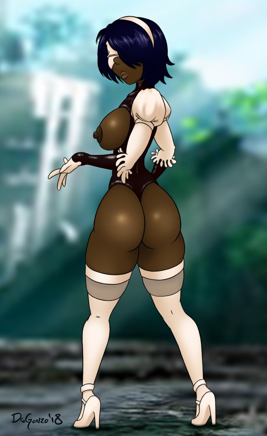 1girls alternate_color alternate_costume android ass back_view black_hair blindfold breasts commission dark-skinned_female dark_nipples dark_skin dat_ass drgonzo female gloves hairband heels high_heels leotard nier nier:_automata patreon shiny solo soul_calibur soul_calibur_vi thighhighs turning video_games yorha_2p