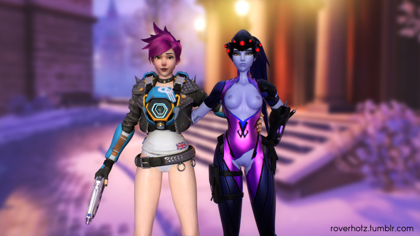 2girls 3d alternate_costume blue_skin breasts cameltoe female female_only overwatch panties punk_tracer pussy roverhotz tagme torn_clothes tracer volskaya_industries_(map) widowmaker