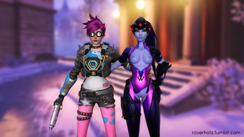 2girls 3d alternate_costume blue_skin breasts female female_only overwatch punk_tracer pussy roverhotz tagme torn_clothes tracer volskaya_industries_(map) widowmaker