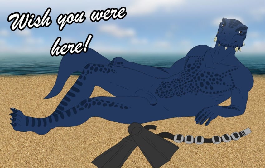 2018 abs anthro argonian ariesartist balls beach blue_scales casual_nudity flaccid horn humanoid_penis invalid_tag lying male male_only muscular muscular_male nude outside penis scales scalie seaside solo the_elder_scrolls tristen video_games