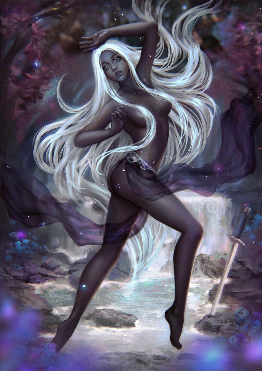 1girls armpits ass bare_legs big_eyes blue_eyes breasts casual dancer dancing dark_elf dark_skin drow dungeons_and_dragons eilistraee elegant elf elf_female feet_in_water female female_only flower forest forgotten_realms goddess godiva_hair grey_skin hair_over_breasts highres humanoid lips long_hair long_lashes long_legs magic moonlight nude parted_lips purple_skin serafleur shiny_skin silver_hair sword thighs topless veil very_long_hair water white_hair