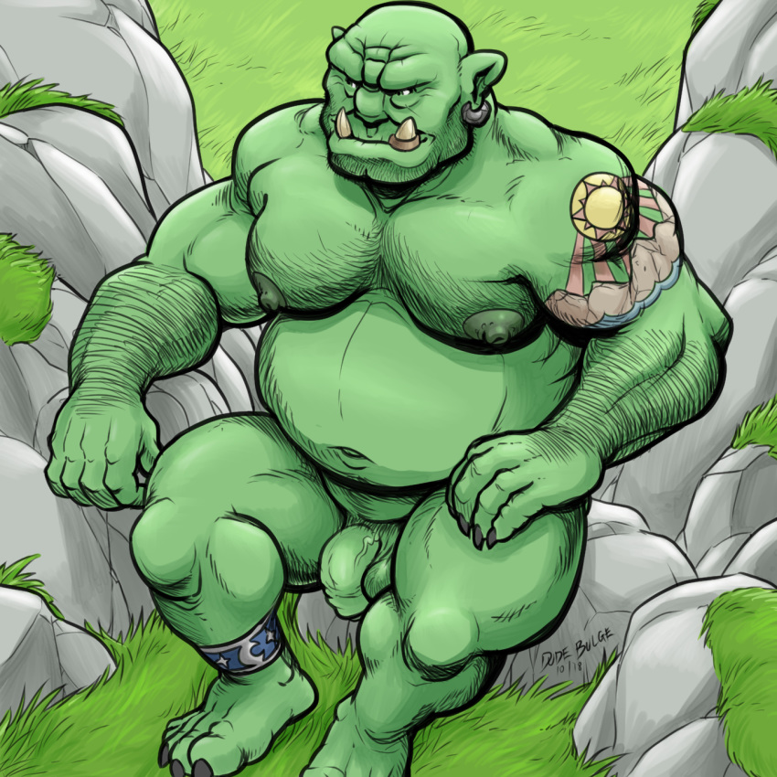 2018 5_fingers 5_toes anklet balls dudebulge ear_piercing flaccid front_view grass green_body high-angle_view humanoid humanoid_penis jewelry looking_aside male male_only musclegut muscles navel nipples nude orc orc_male outside penis piercing signature sitting solo tattoo toes uncut vein veiny_penis