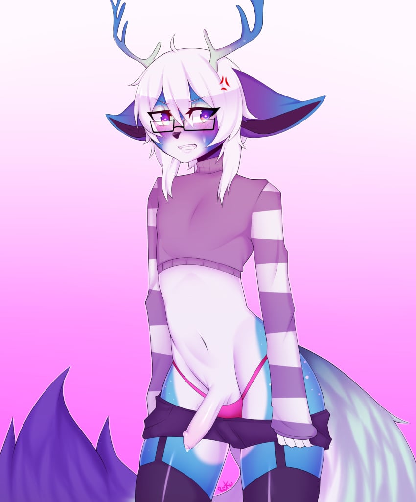 2018 angry anthro antlers canine cervine clothed clothing crossdressing embarrassed eyewear fangs fur girly glasses hair horn hybrid legwear male mammal mimiru_(mantist) multicolored_fur penis rokumaki solo stockings sweater thong white_hair