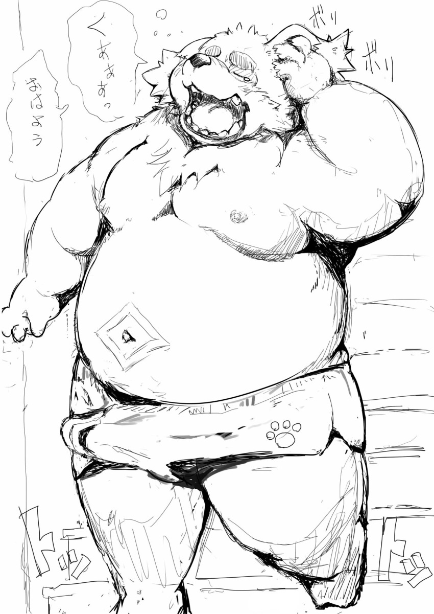 boxers_(clothing) canine clothing cusith erection hachirouta8 japanese_text male male_only mammal moobs morning_wood navel nipples open_mouth slightly_chubby solo tenting text tokyo_afterschool_summoners underwear yawn