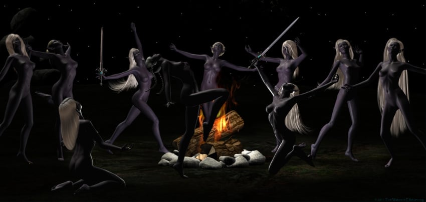 3d areolae armpits arms_up black_areola black_lips black_nipples breasts celebration closed_eyes dancer dancing dark-skinned_female dark_elf dark_nipples dark_skin drow dungeons_and_dragons eilistraee elf elf_female erect_nipples feet female forgotten_realms long_hair long_legs moon multiple_females multiple_girls musical_instrument musician navel nipples nude party pigtails ponytail priestess priestess_of_eilistraee ritual shiny_skin short_hair silver_hair sword thighs white_hair