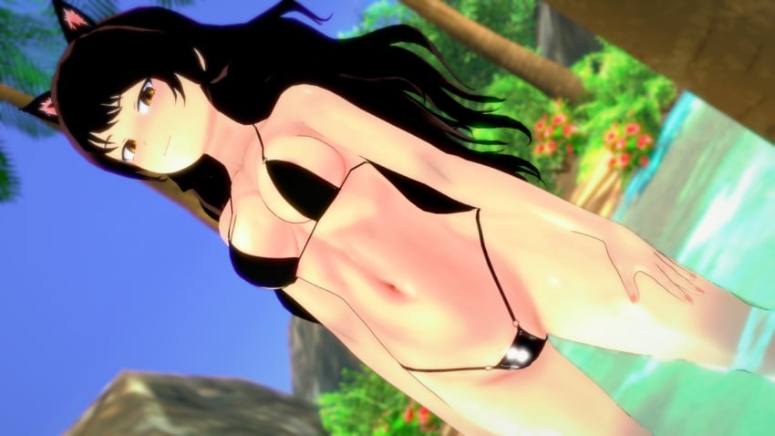1girls bikini bikini_bottom bikini_top blake_belladonna cat_ears faunus half-dressed half_naked half_naked_female logang45 long_hair long_hair_female rwby solo_female yellow_eyes