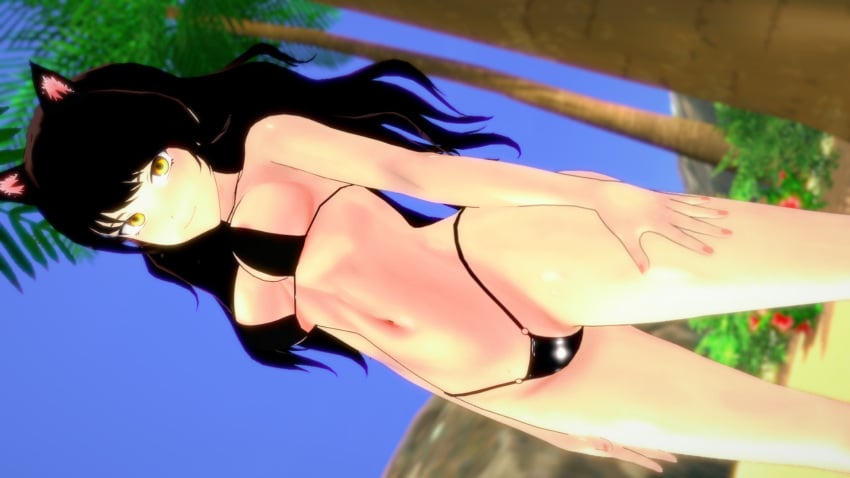 1girls bikini bikini_bottom bikini_top black_hair black_hair_female blake_belladonna cat_ears half-dressed half_naked half_naked_female logang45 long_hair long_hair_female rwby solo_female yellow_eyes