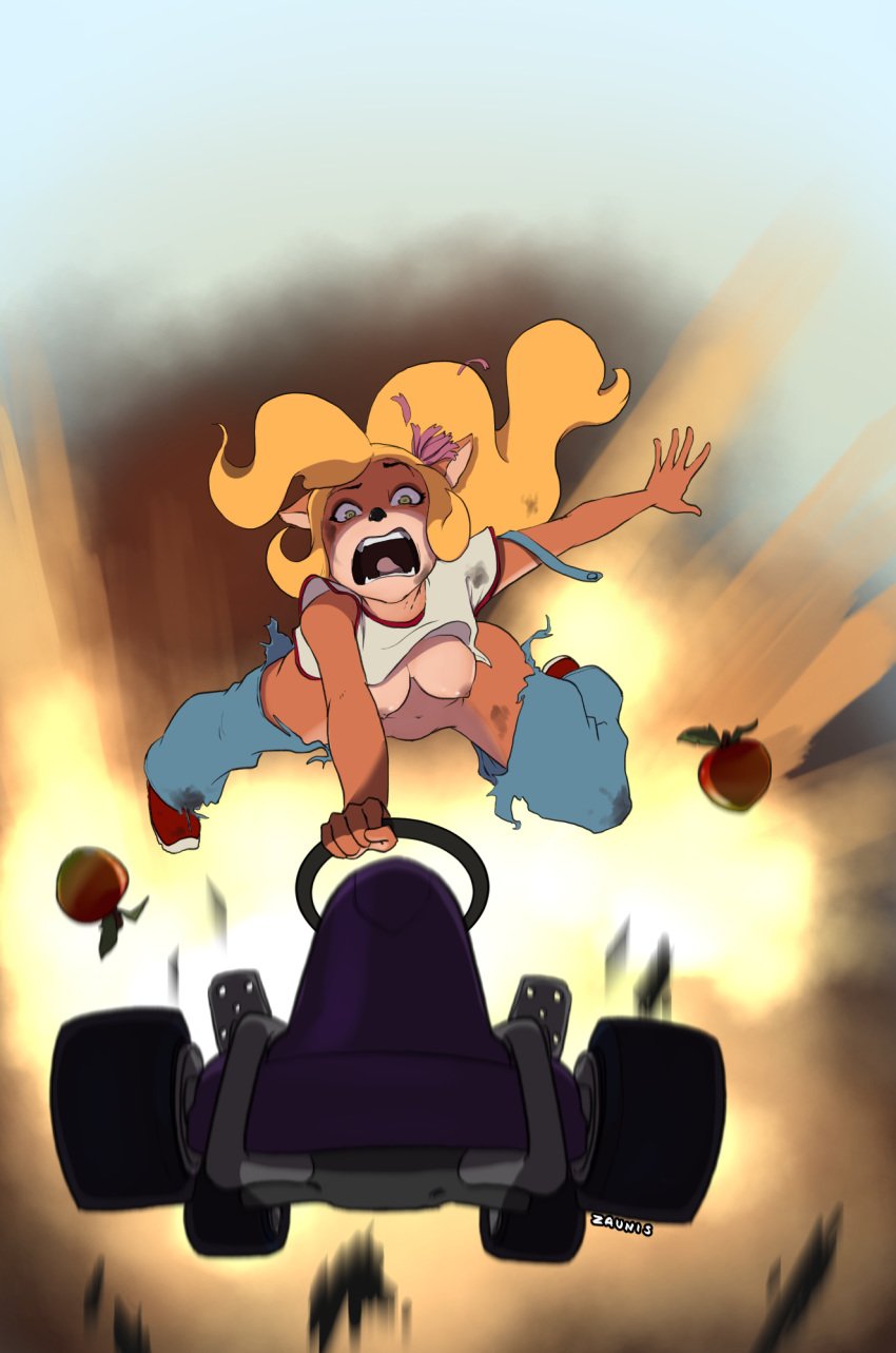 1girls 2018 5_fingers all_fours anthro bandicoot barely_visible_genitalia barely_visible_pussy blonde_hair breasts clothing coco_bandicoot crash_(series) crash_team_racing crash_team_racing_nitro-fueled explosion female functionally_nude fur green_eyes hair hi_res kart long_hair mammal marsupial mostly_nude navel nipples open_mouth orange_fur overalls pose pussy solo undressing vehicle video_games wardrobe_malfunction wumpa_fruit zaun-derground