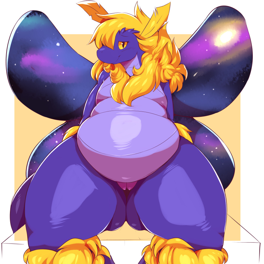 2018 antennae anthro arthropod belly big_belly blush breasts claws featureless_breasts female fluffy fur hi_res hybrid insects kobold moth mothbold nude original original_character overweight purple_body purple_scales pussy scales scalie shaded smile solo stardust_(zephyr) trinity-fate62 wings yellow_eyes yellow_fur