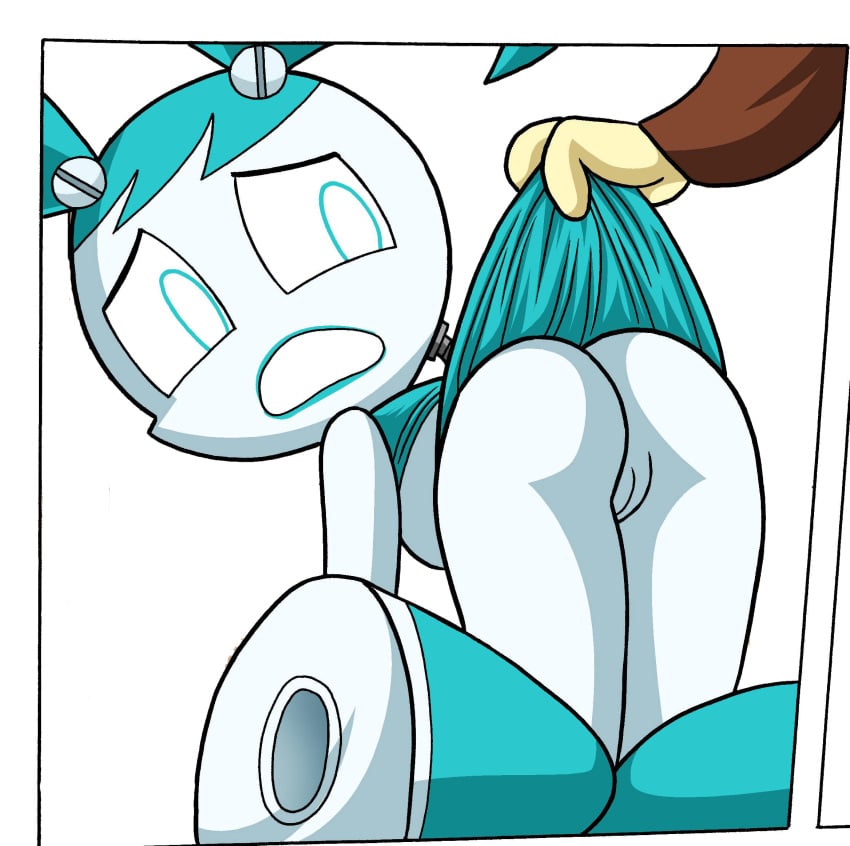 bbmbbf before_rape comic edit jenny_wakeman looking_back my_life_as_a_teenage_robot nickelodeon on_all_fours revealing robot sheldon_lee skirt_lift smooth_skin vagina wire worried xj-9